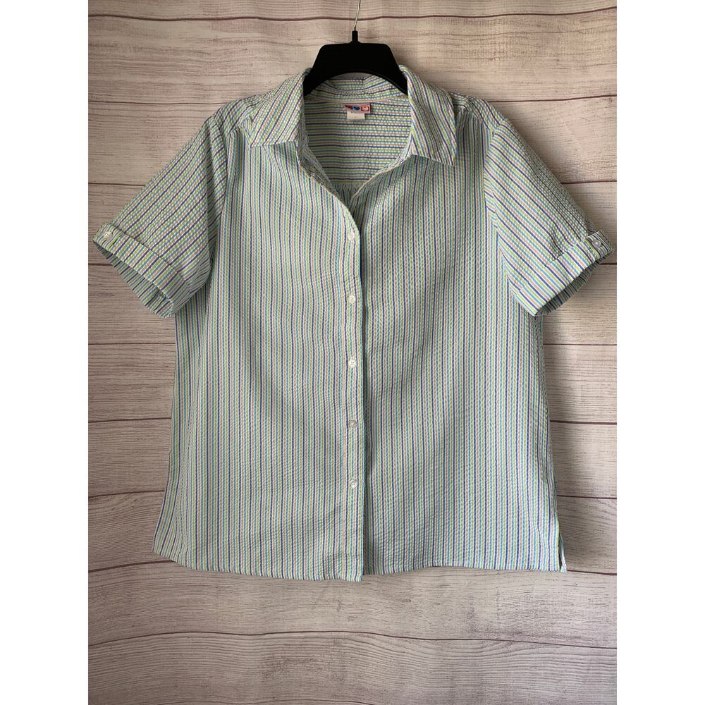 Vintage American Sweetheart Pastel Striped Blouse Short Sleeve Button Up Size L